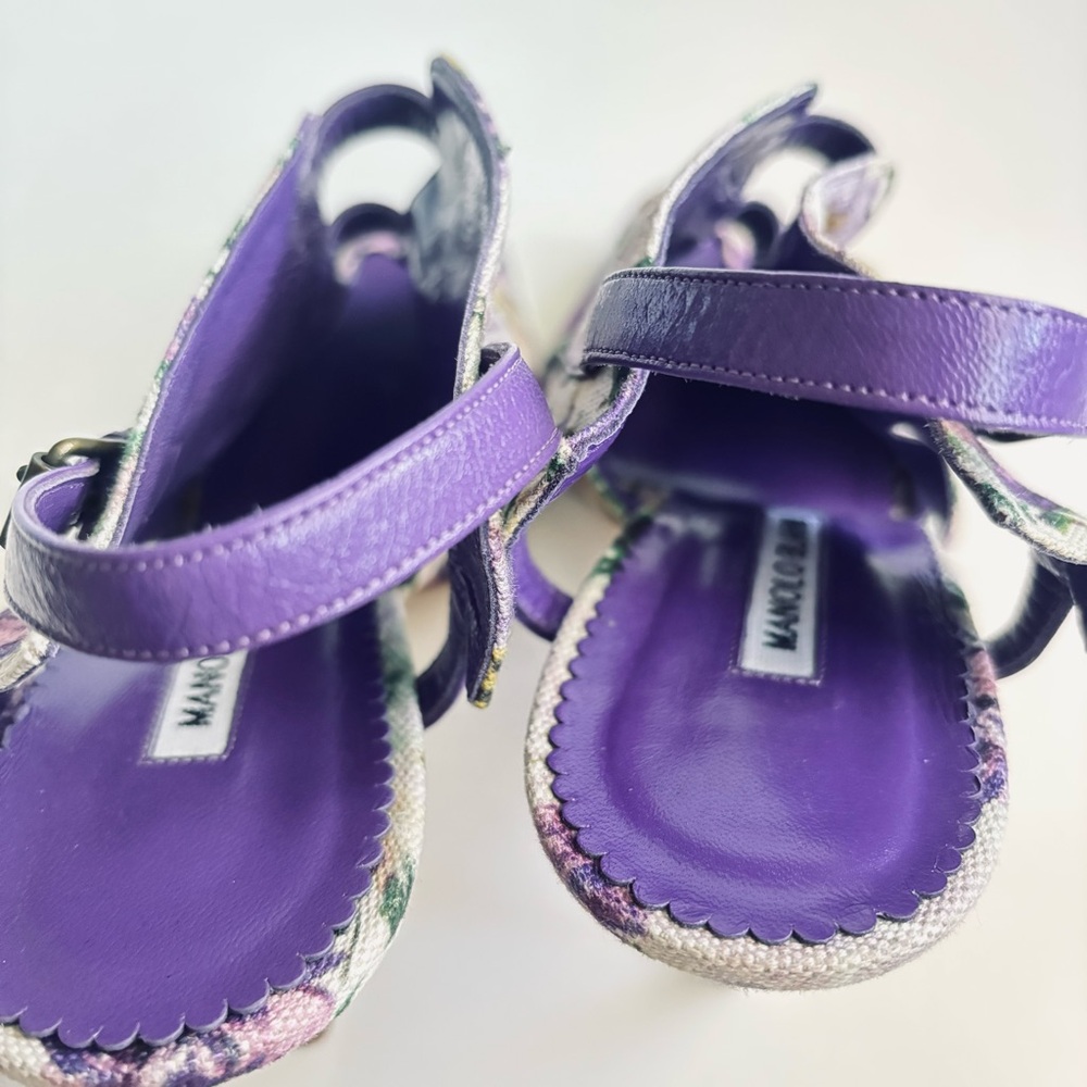 Manolo Blahnik Floral Cotton Slingback Purple Heels Sandals Shoe Size 11.5 - Picture 7 of 15